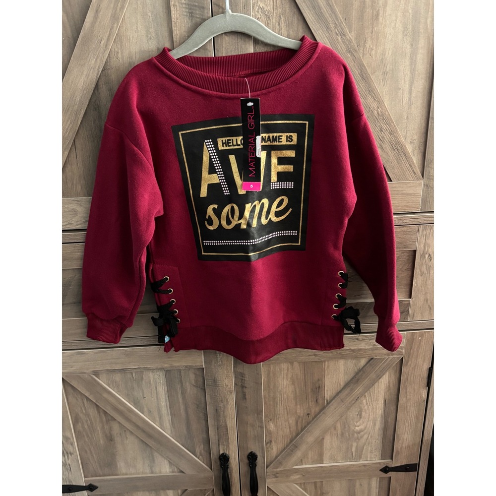 Material Girl Girls Burgundy Awesome Graphic Sweatshirt Lace Up Sides Size 5 NWT
